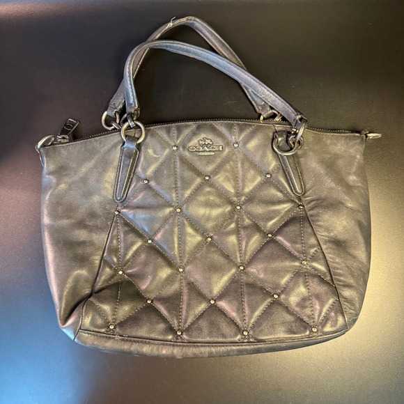 Coach Kelsey Satchel Purse Quilted Studded‎ Leather Top Handle Bag Gray Small - Picture 1 of 6